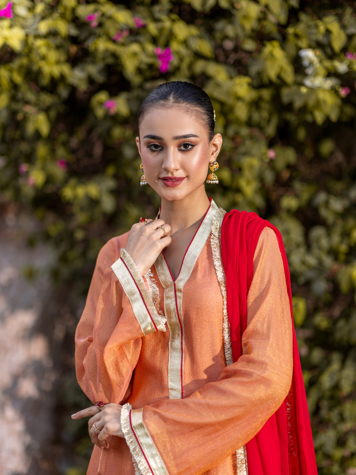 The Mishry Set Luxurious 3-Piece Zari Net Suit Peach