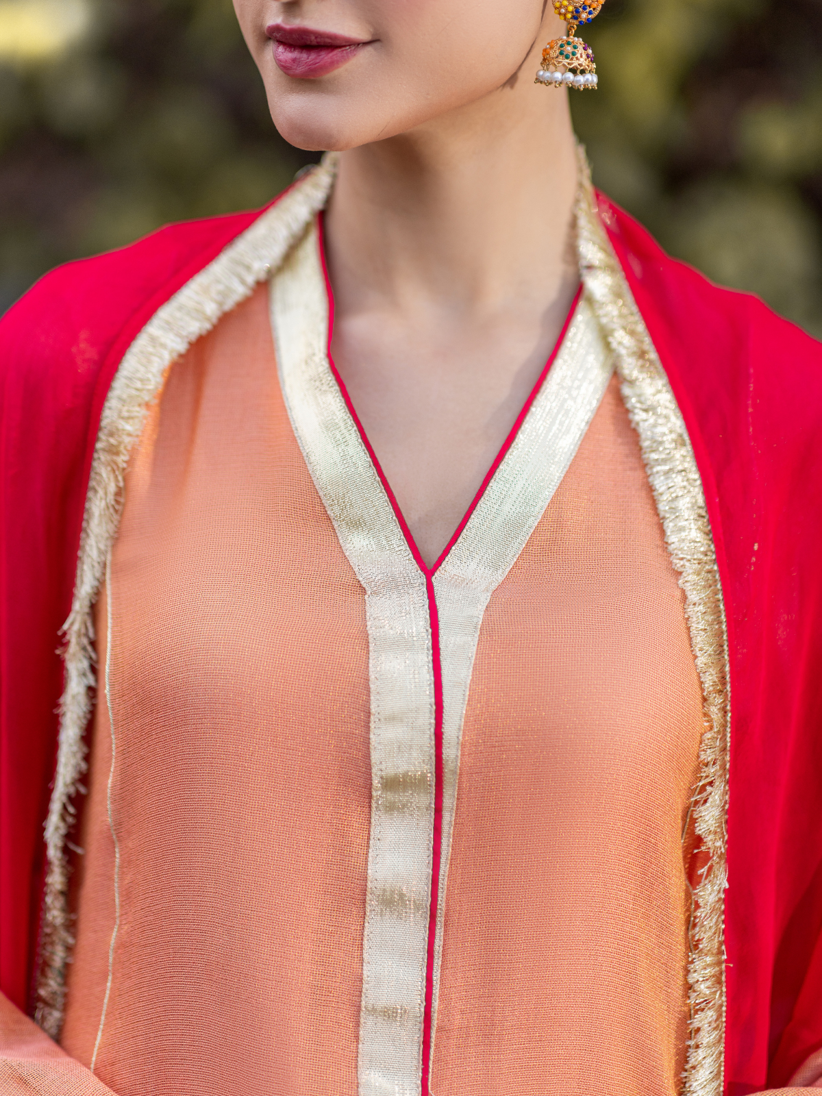 The Mishry Set Luxurious 3-Piece Zari Net Suit Peach