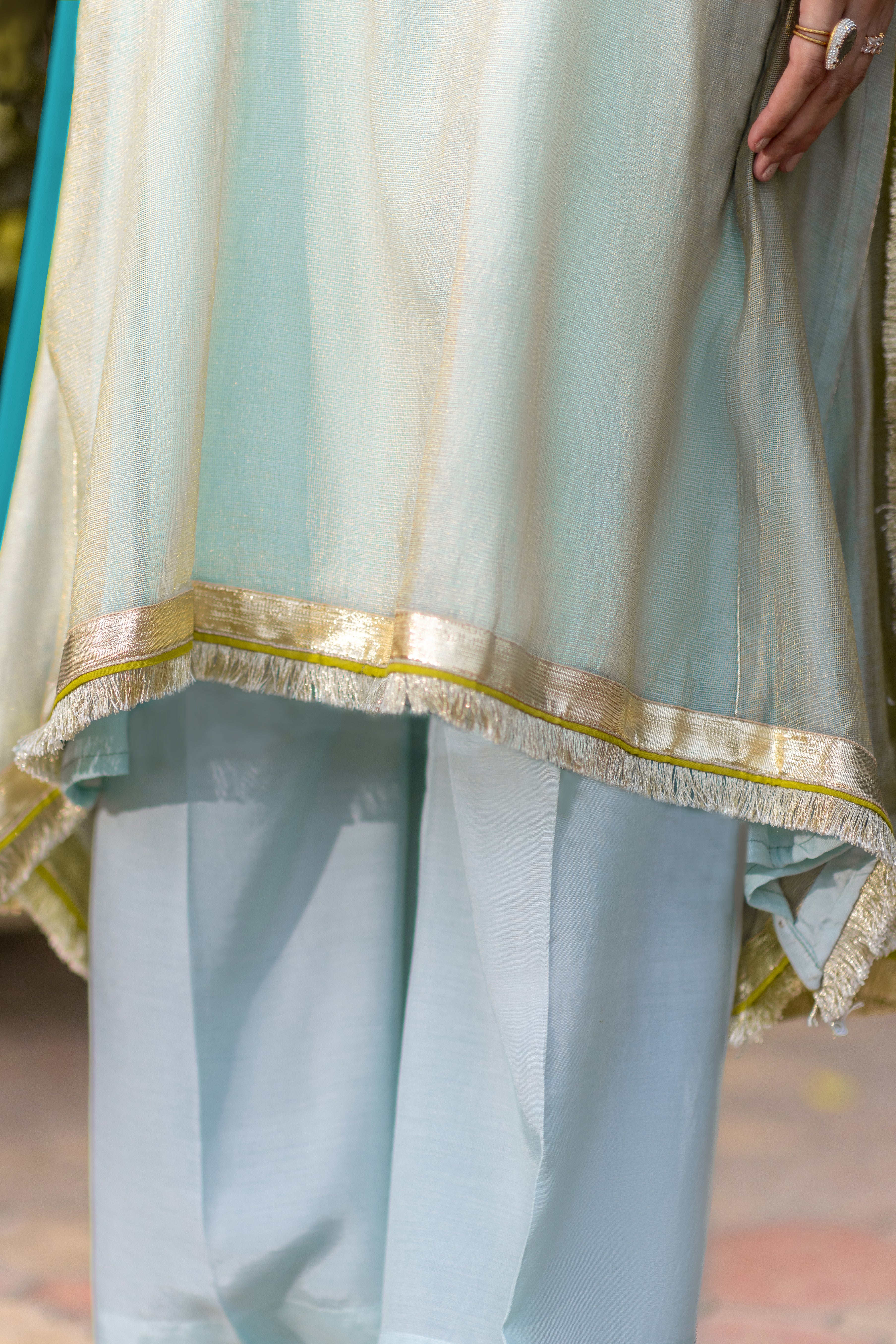 The Misty Set Luxurious 3-Piece Zari Net Suit Aqua