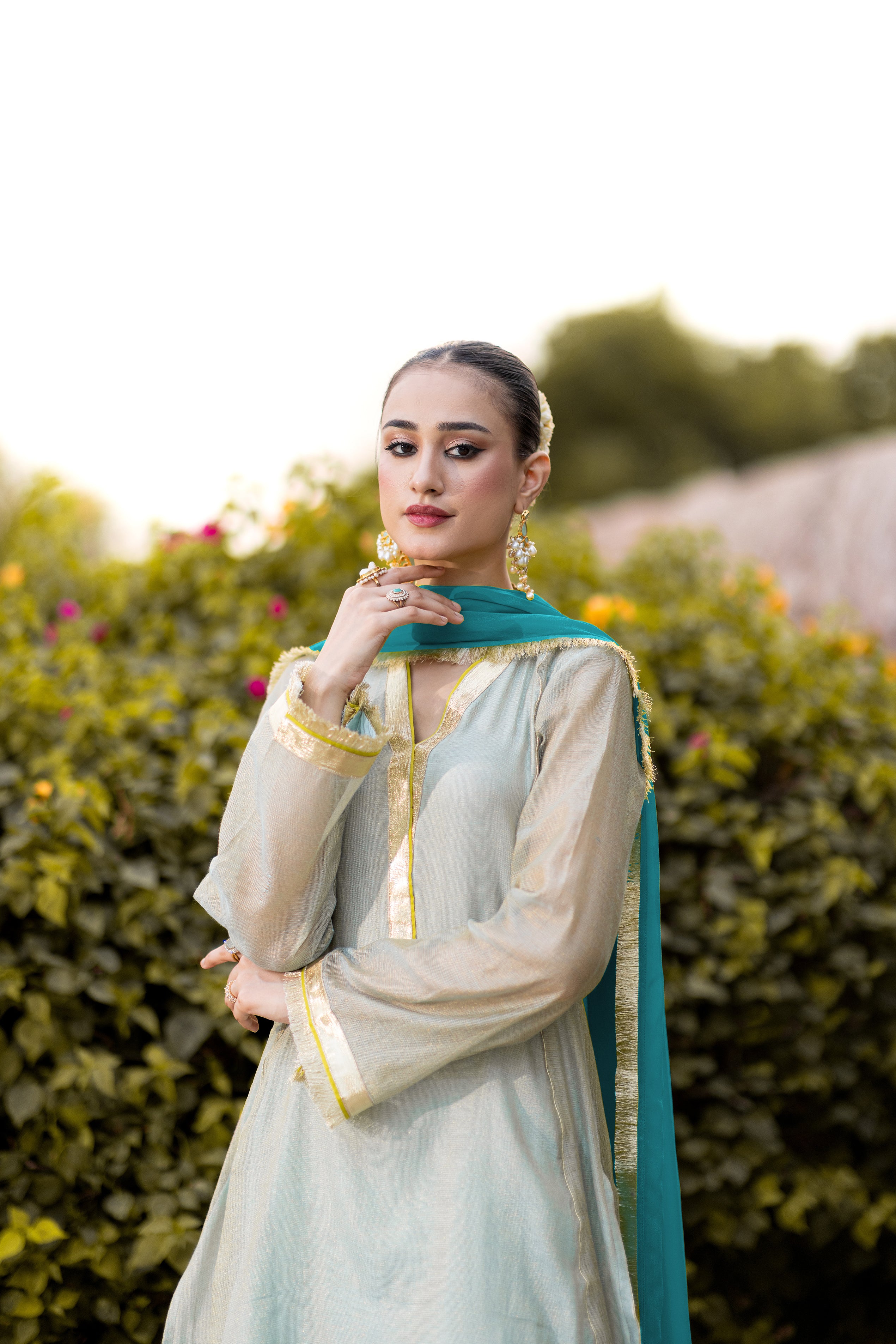 The Misty Set Luxurious 3-Piece Zari Net Suit Aqua