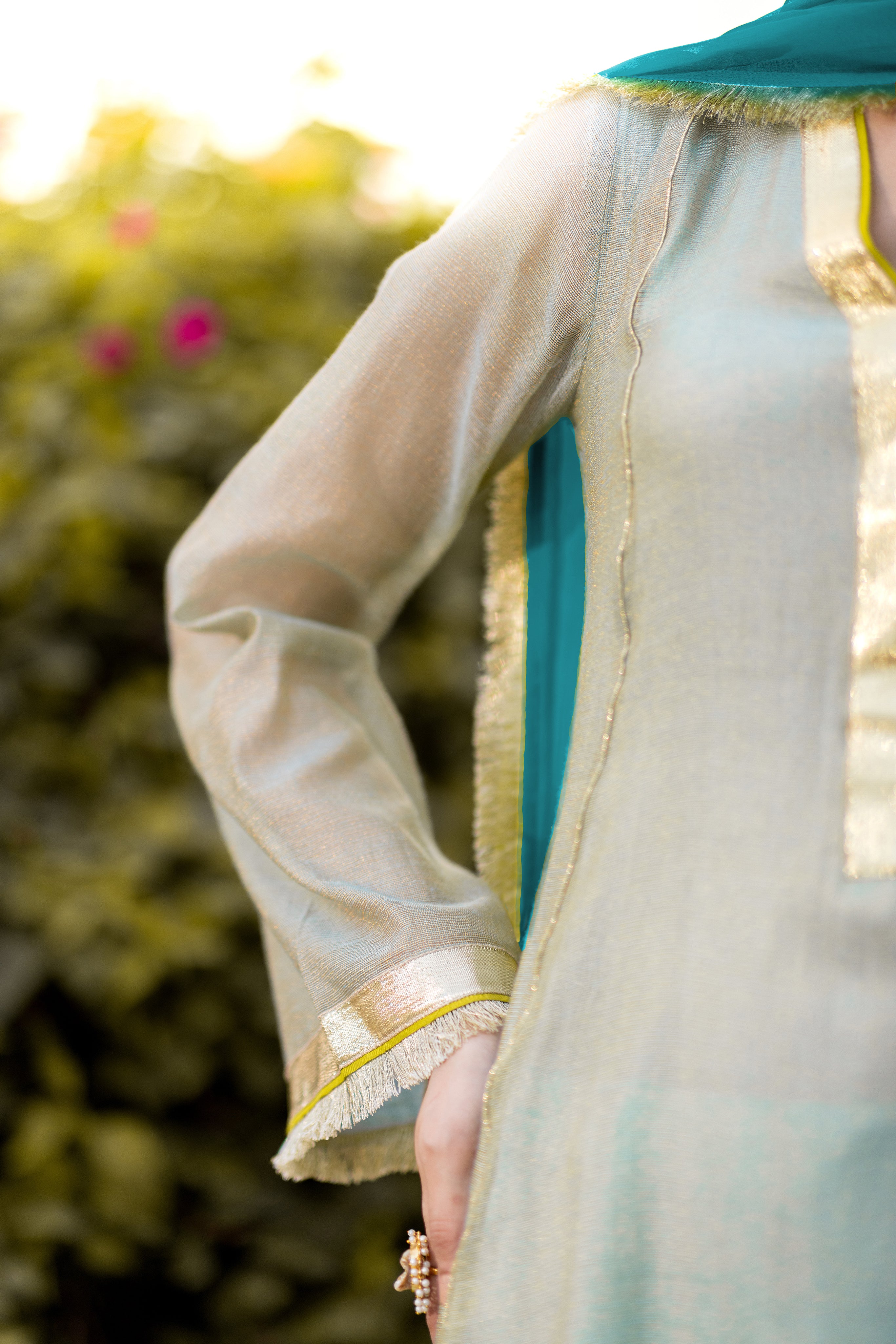 The Misty Set Luxurious 3-Piece Zari Net Suit Aqua